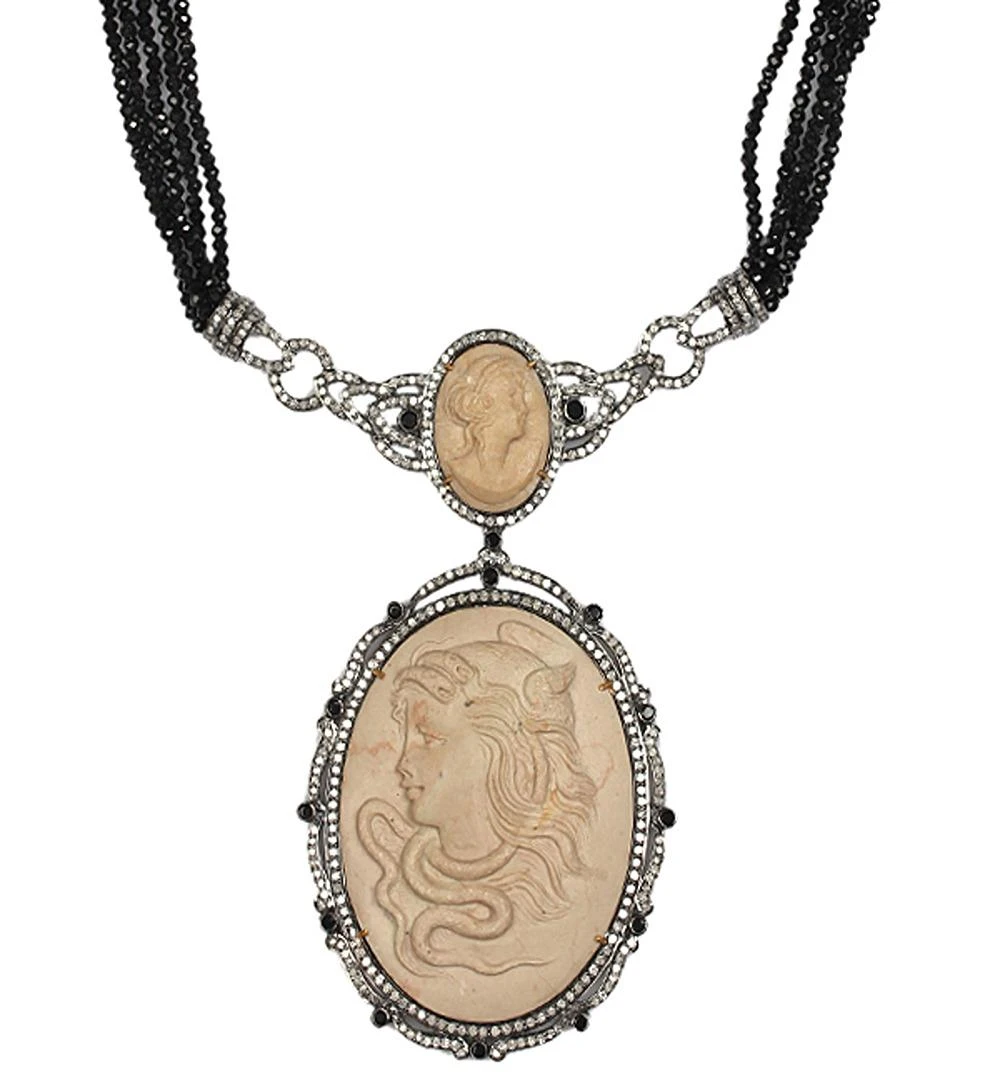 Carved Shell Cameo Pendant Necklace With Black Spinel & Pave Diamonds 4 Carved Shell Cameo Pendant Necklace With Black Spinel & Pave Diamonds – Image 2