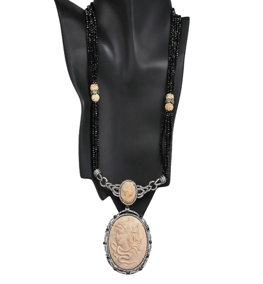 Carved Shell Cameo Pendant Necklace With Black Spinel & Pave Diamonds 5 Carved Shell Cameo Pendant Necklace With Black Spinel & Pave Diamonds – Image 3
