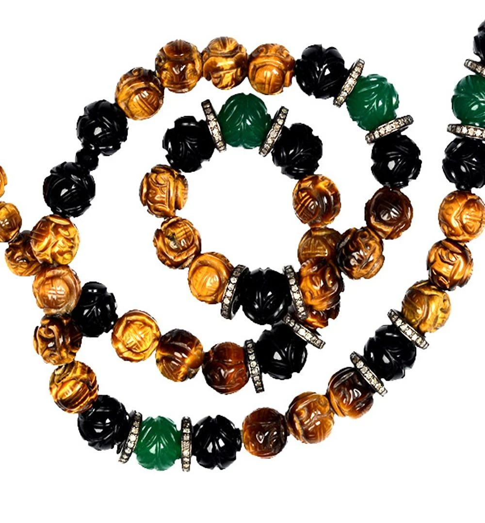 Carved Onyx & Tiger Eye Ball Beaded Necklace With Diamonds Spacer 4 Carved Onyx & Tiger Eye Ball Beaded Necklace With Diamonds Spacer – Image 2
