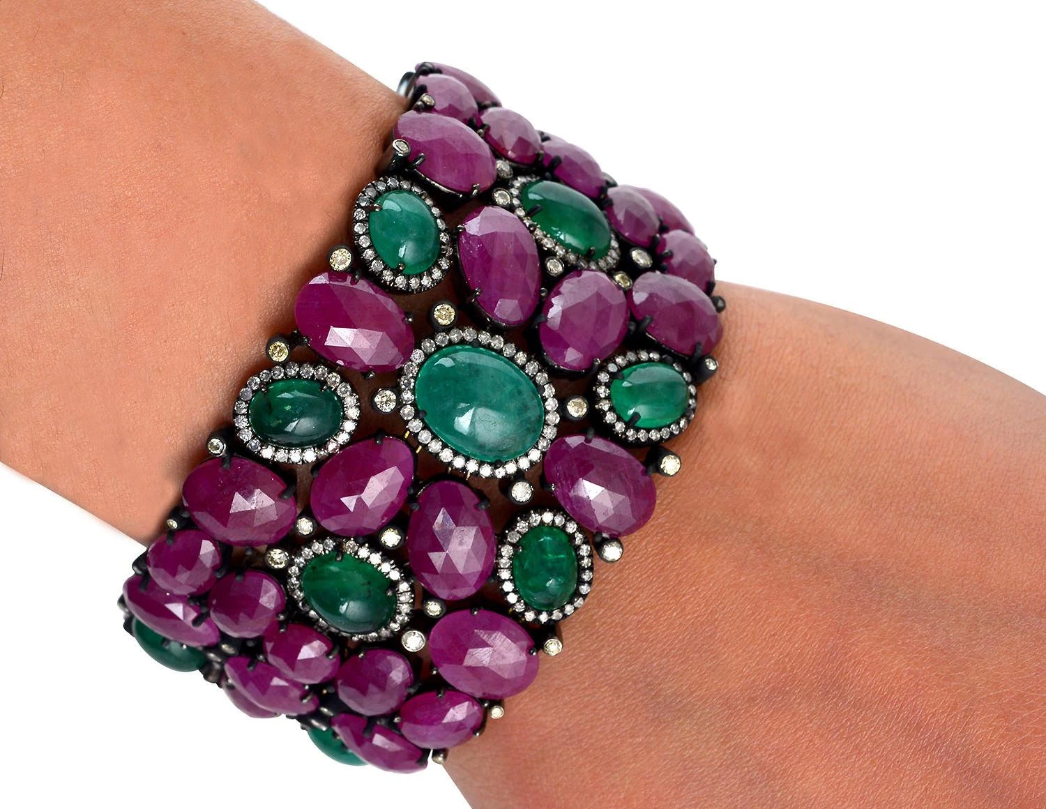 Unknown Baroque 139 Carats Natural Ruby Emerald & Diamond Bracelet 18k Gold & Silver 4 Unknown Baroque 139 Carats Natural Ruby Emerald & Diamond Bracelet 18k Gold & Silver – Image 2