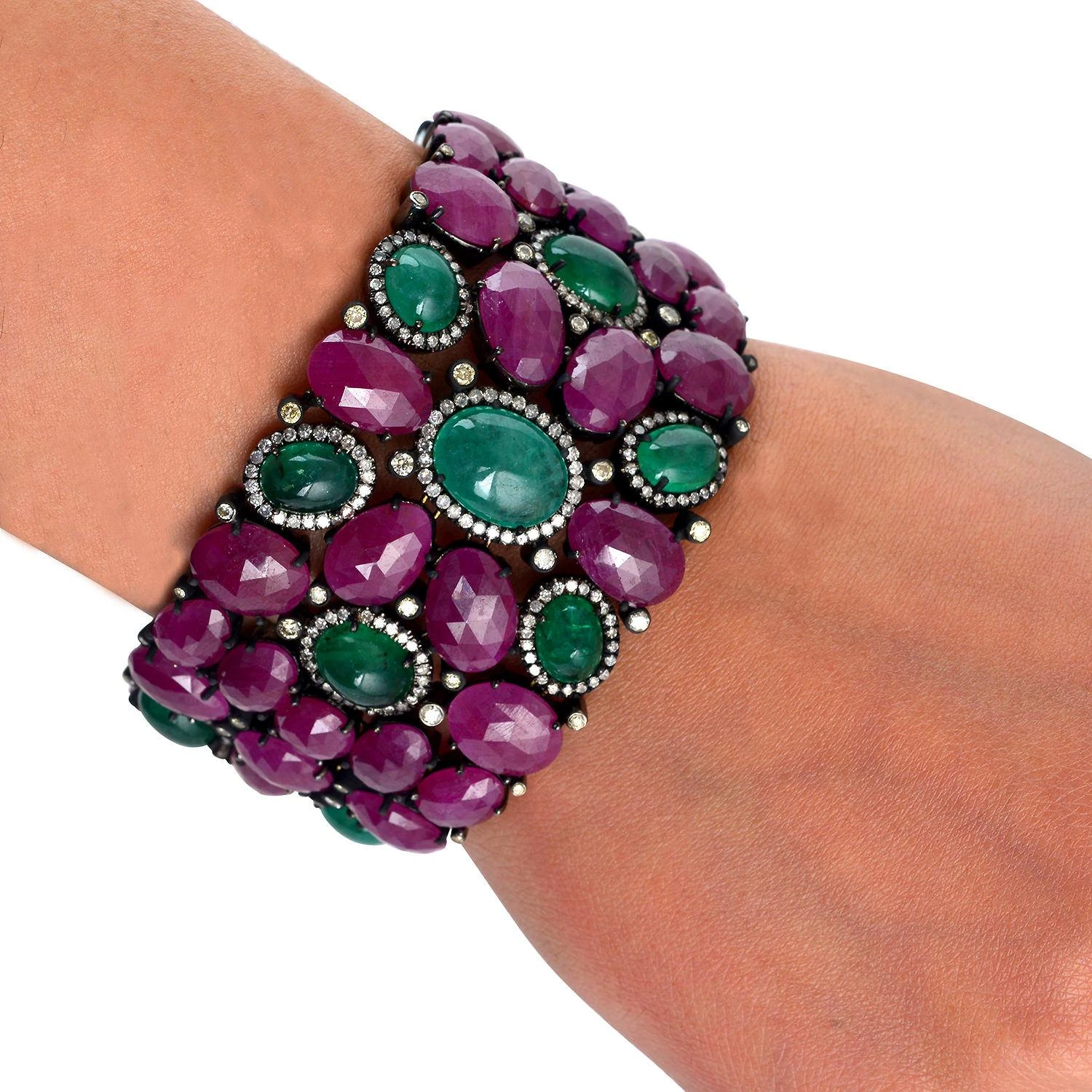 Unknown Baroque 139 Carats Natural Ruby Emerald & Diamond Bracelet 18k Gold & Silver 10 Unknown Baroque 139 Carats Natural Ruby Emerald & Diamond Bracelet 18k Gold & Silver – Image 8