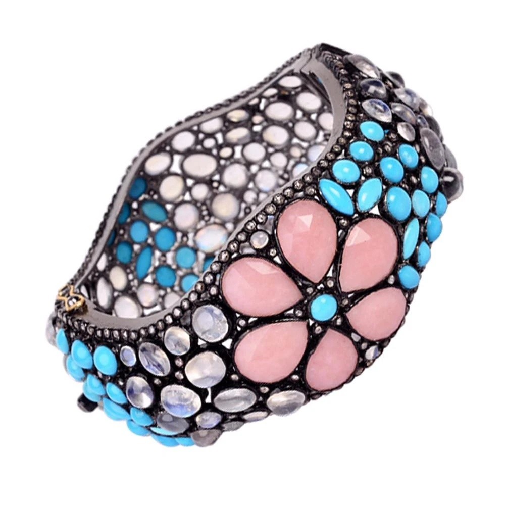 Multi Shaped Multi Gemstone Cuff With Diamonds Made In 14k Gold & Silver 6 Multi Shaped Multi Gemstone Cuff With Diamonds Made In 14k Gold & Silver – Image 4