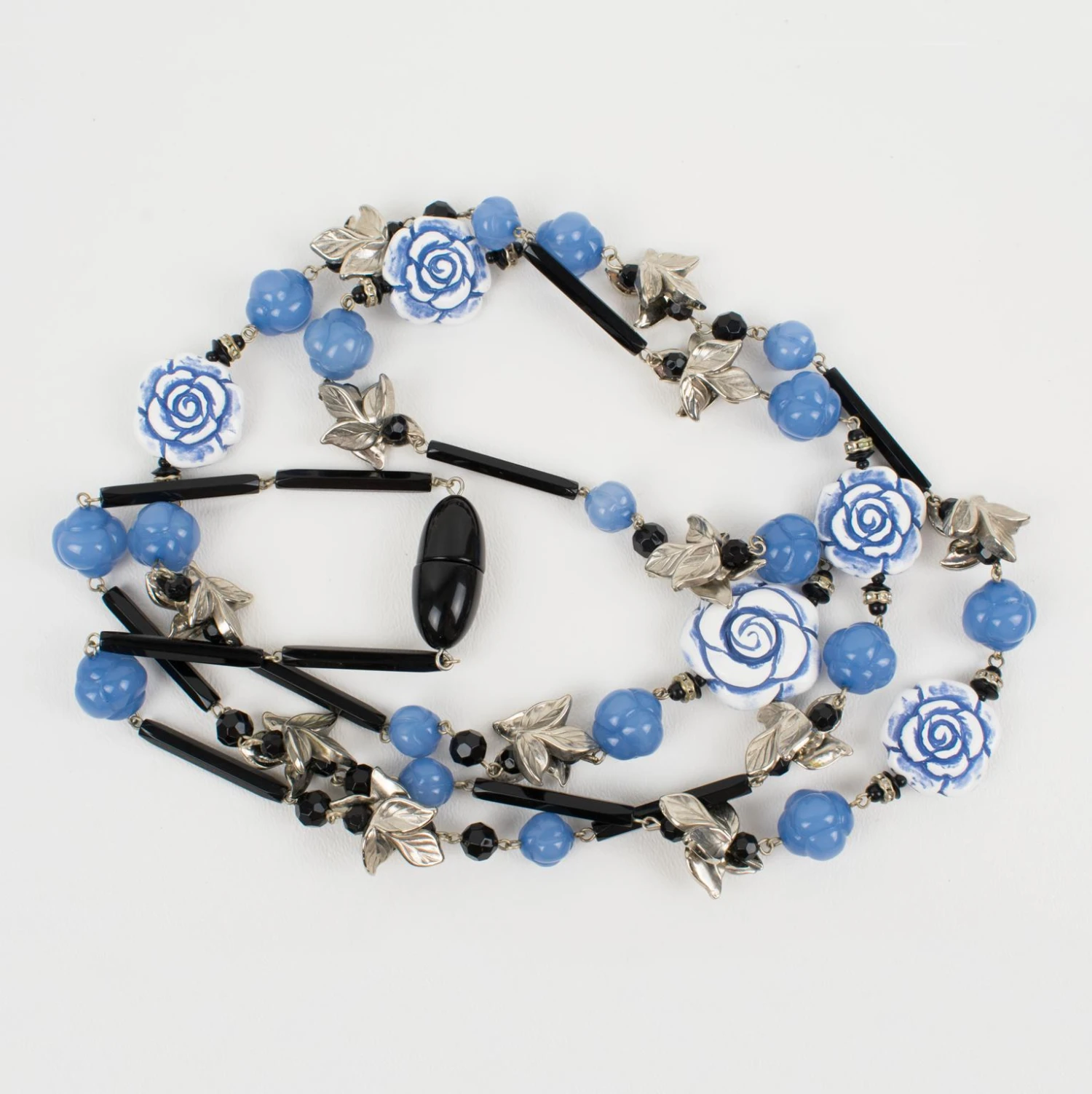 Angela Caputi Long Necklace Lavender Blue Roses And Silver Resin Leaves 15 Angela Caputi Long Necklace Lavender Blue Roses And Silver Resin Leaves – Image 13