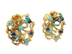 Unknown Wavy Flower Earrings With Cabochon Sapphires And Turquoises In 18k Yellow Gold -Mode Bijouterie Magasin Artboard 38 master