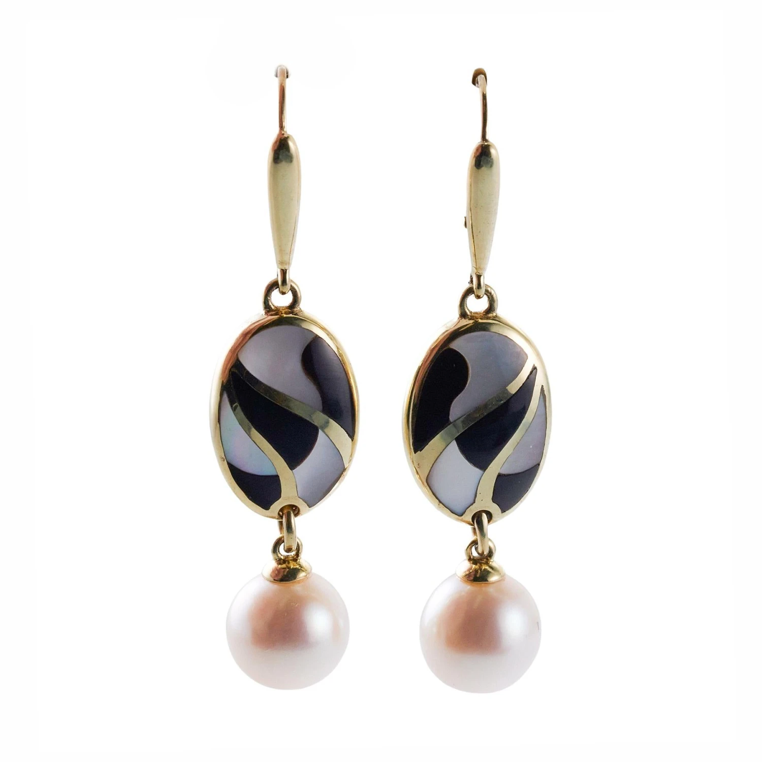 Asch Grossbardt Inlay Mother Of Pearl Onyx Pearl Gold Earrings 4 Asch Grossbardt Inlay Mother Of Pearl Onyx Pearl Gold Earrings – Image 2