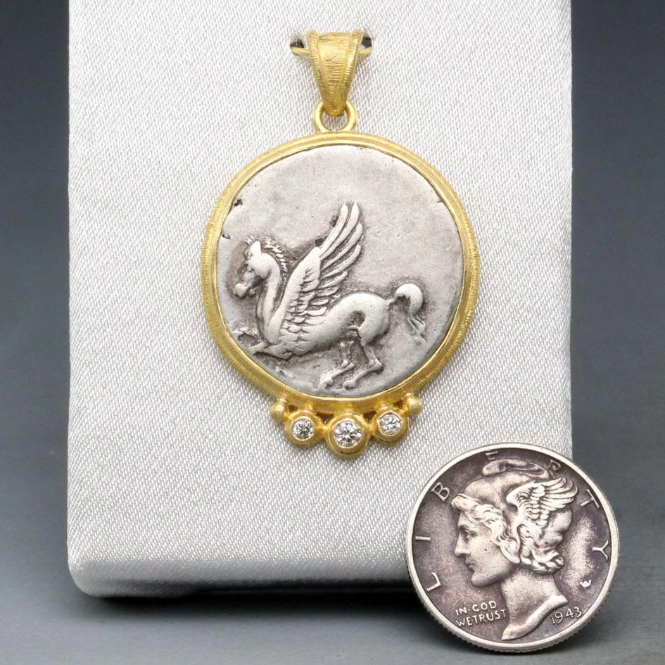 Ancient Greek 4th Century Bc Corinth Pegasus Coin Diamonds 18k Gold Pendant 5 Ancient Greek 4th Century Bc Corinth Pegasus Coin Diamonds 18k Gold Pendant – Image 3