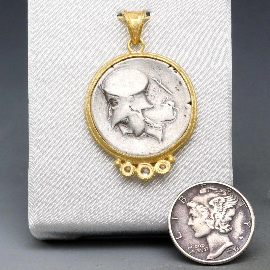 Ancient Greek 4th Century Bc Corinth Pegasus Coin Diamonds 18k Gold Pendant 6 Ancient Greek 4th Century Bc Corinth Pegasus Coin Diamonds 18k Gold Pendant – Image 4