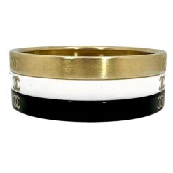 Vintage Chanel Bangle Set Of 3: In Gold Tone, White, & Black Resin With CC Logo -Mode Bijouterie Magasin BWG 2 master