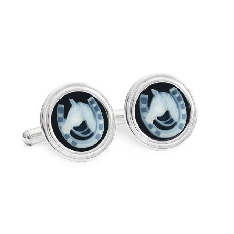 Hand-Carved Horse-Shoe Agate Cameo 925 Sterling Silver Contemporary Cufflinks 4 Hand-Carved Horse-Shoe Agate Cameo 925 Sterling Silver Contemporary Cufflinks – Image 2
