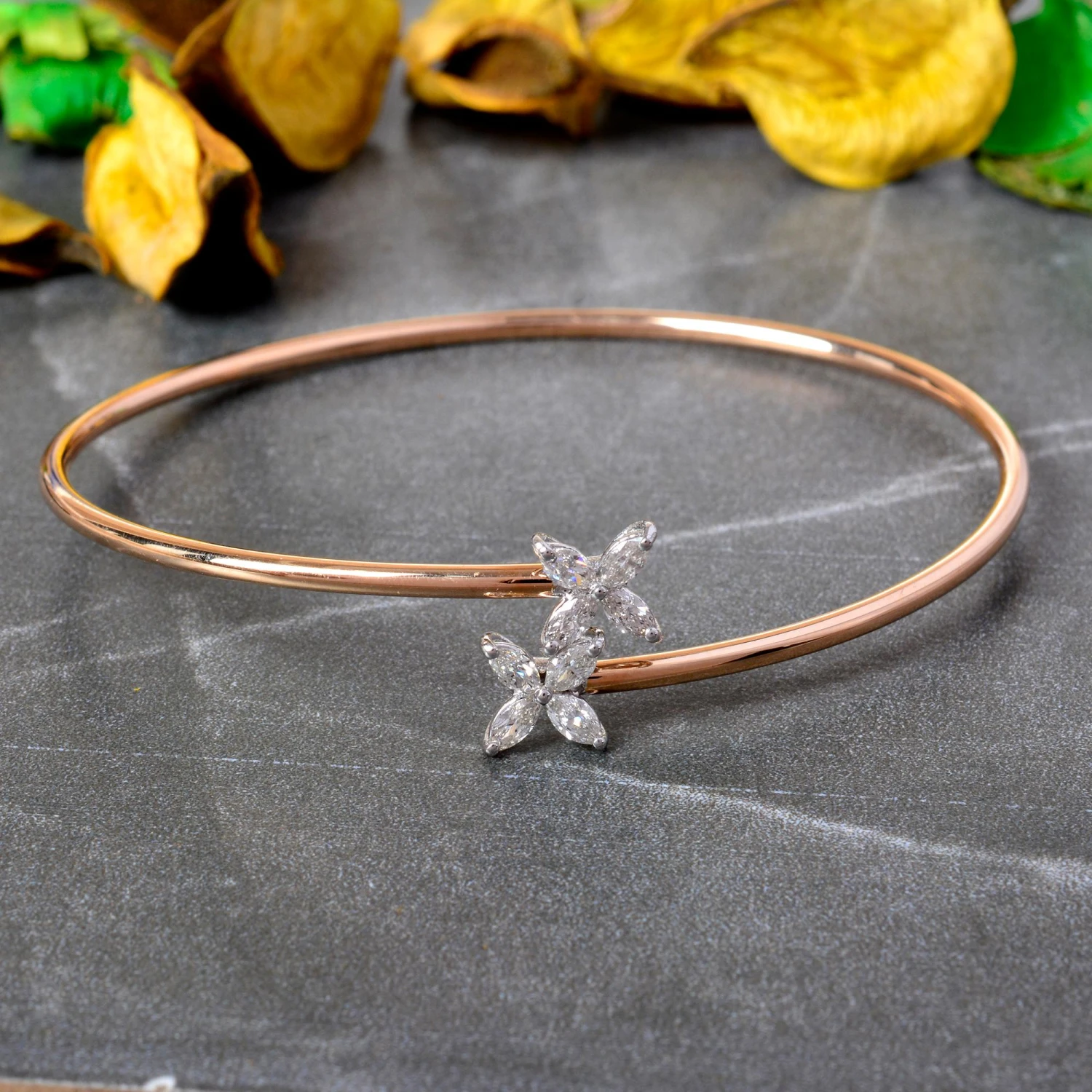 Marquise Diamond Flower Design Bangle Bracelet 18 Karat Rose Gold Fine Jewelry 5 Marquise Diamond Flower Design Bangle Bracelet 18 Karat Rose Gold Fine Jewelry – Image 3