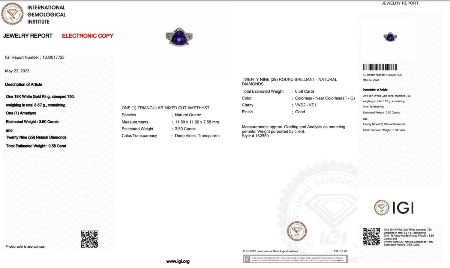 18k White Gold Split Shank Ring W/ 4.08ct Amethyst And Natural Diamonds IGI Cert 4 18k White Gold Split Shank Ring W/ 4.08ct Amethyst And Natural Diamonds IGI Cert – Image 2