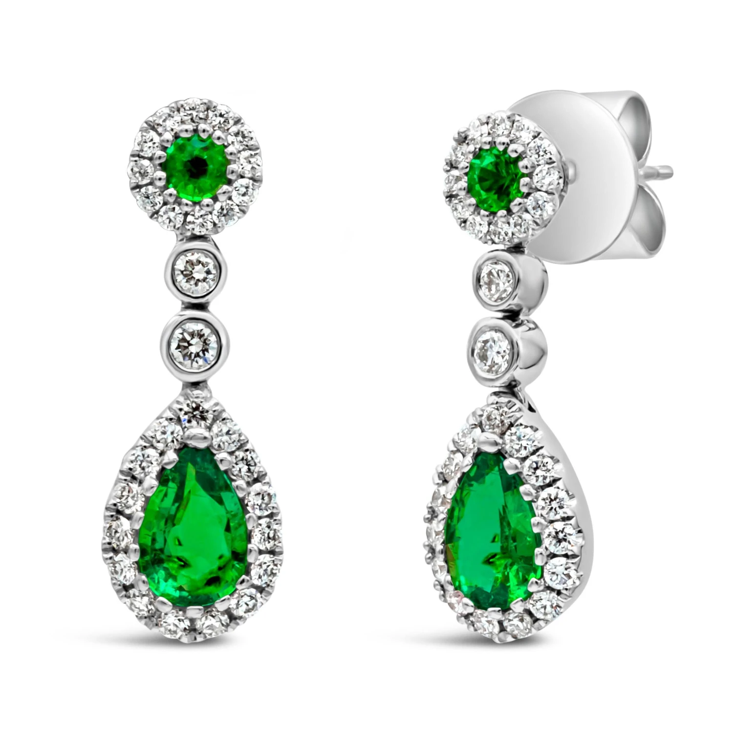 0.66 Carats Total Mixed Cut Colombian Green Emerald & Diamond Dangle Earrings 4 0.66 Carats Total Mixed Cut Colombian Green Emerald & Diamond Dangle Earrings – Image 2