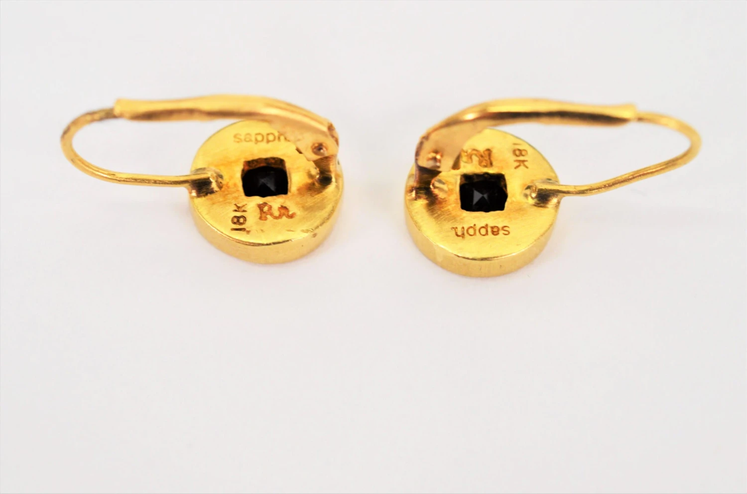 Robin Rotenier 18 Karat Satin Yellow Gold Drop Earrings W Sapphire 6 Robin Rotenier 18 Karat Satin Yellow Gold Drop Earrings W Sapphire – Image 4