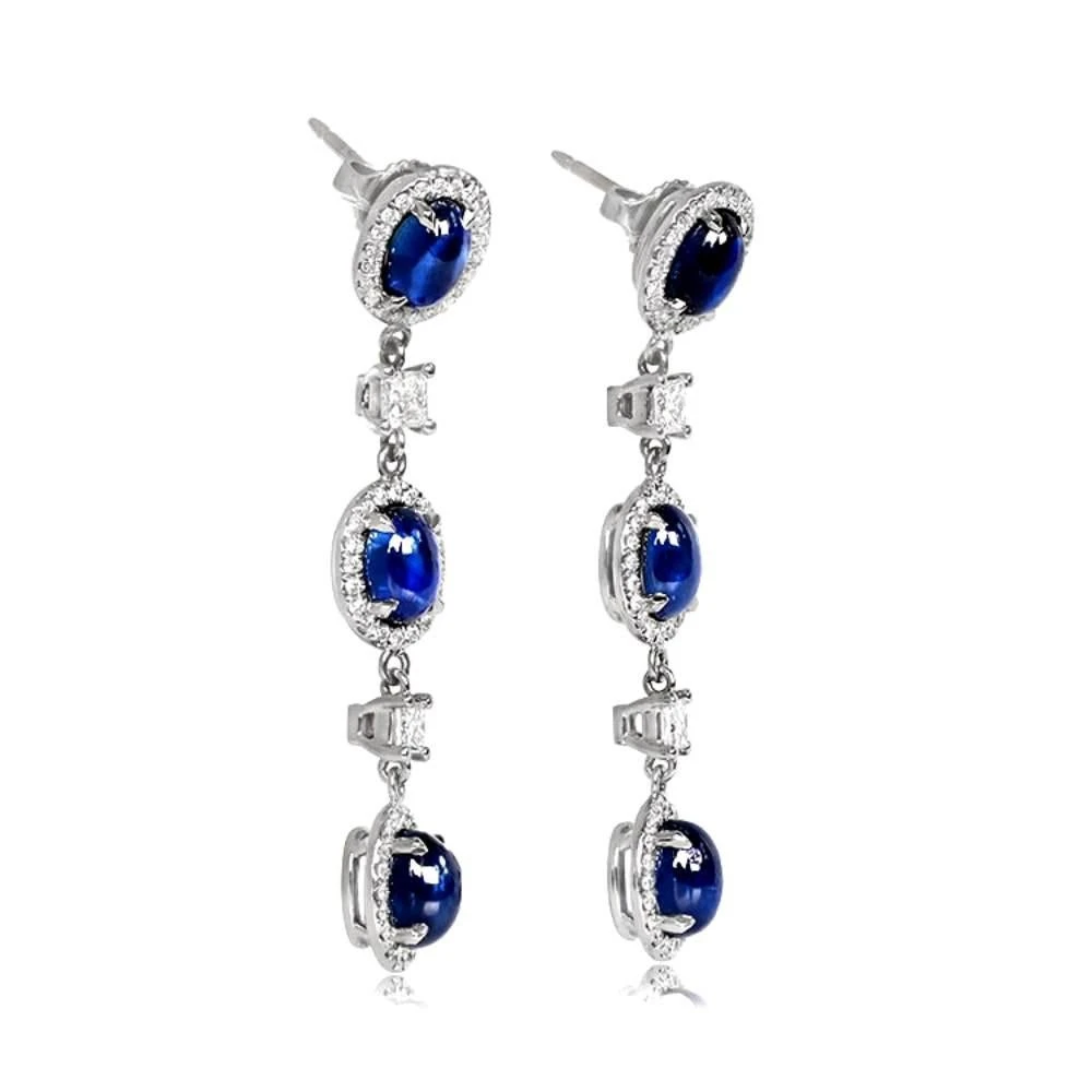 Unknown 7.70 Carat Cabochon Cut Sapphires Earrings, Diamond Halo, 18k White Gold 4 Unknown 7.70 Carat Cabochon Cut Sapphires Earrings, Diamond Halo, 18k White Gold – Image 2