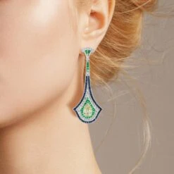 Unknown GIA Pear Shape Diamond Emerald Sapphire Art Deco Style Earrings In 18K Gold -Mode Bijouterie Magasin E1993 D KM E9 S9 D2 E master