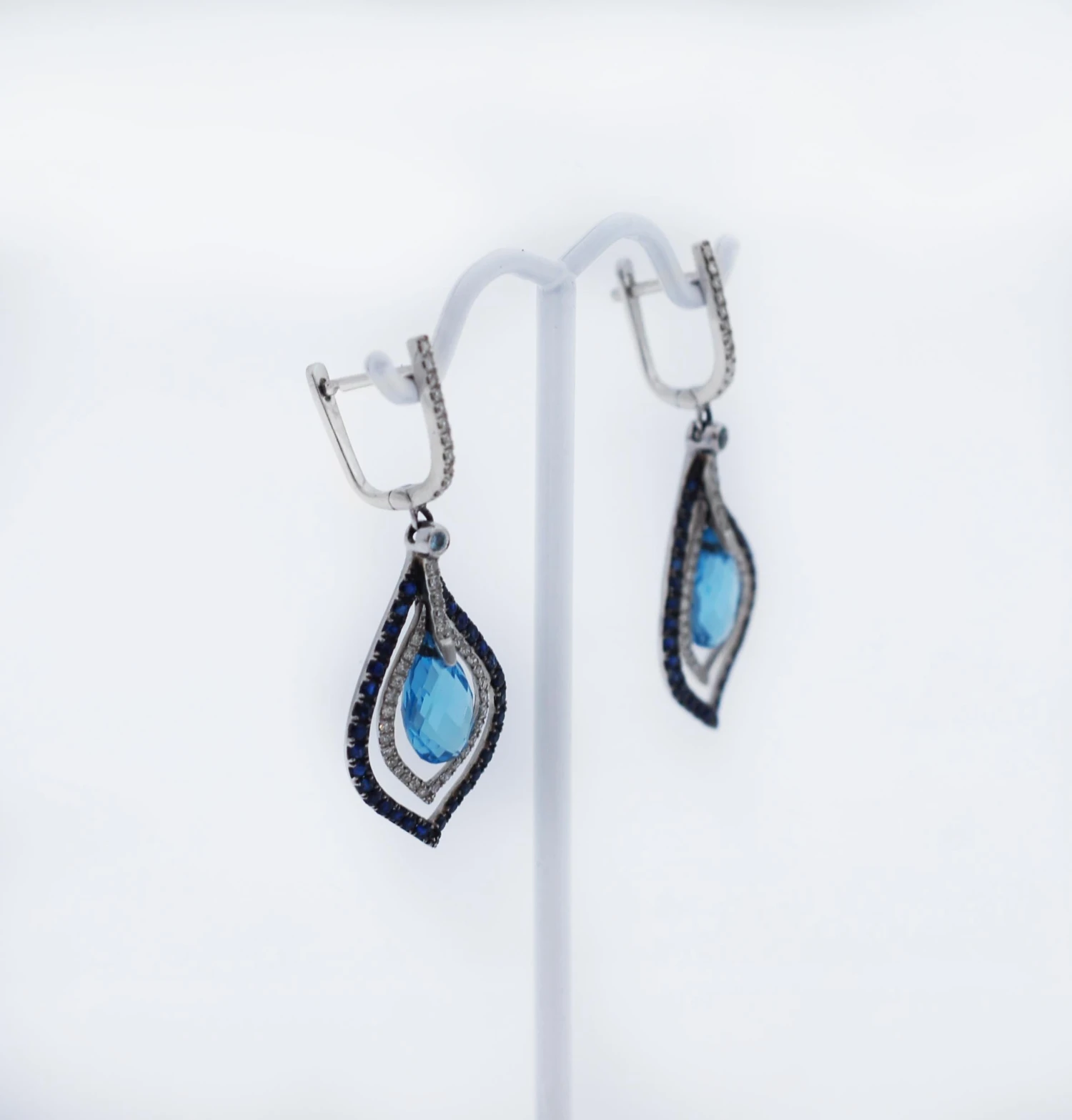 Effy 14k White Gold Blue Topaz, Sapphire, Diamond Drop Earrings 4 Effy 14k White Gold Blue Topaz, Sapphire, Diamond Drop Earrings – Image 2