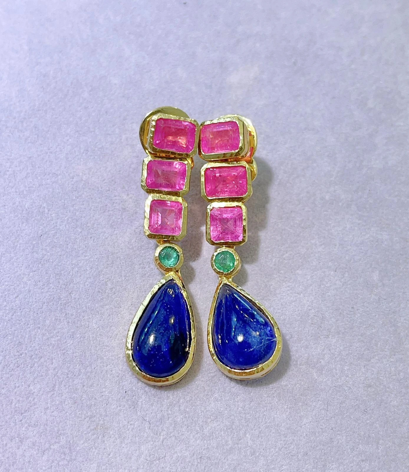Bochic “Capri”, Ruby, Sapphire & Emerald Drop Earrings Set In 22 Gold & Silver 4 Bochic “Capri”, Ruby, Sapphire & Emerald Drop Earrings Set In 22 Gold & Silver – Image 2