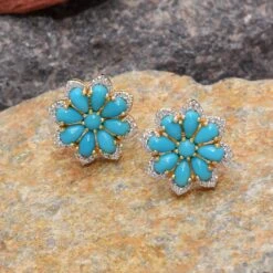 Unknown Turquoise Stud Earrings With Diamond In 14k Gold -Mode Bijouterie Magasin FER11 SE 1188C 2 master