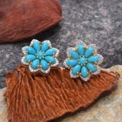 Unknown Turquoise Stud Earrings With Diamond In 14k Gold -Mode Bijouterie Magasin FER11 SE 1188C 3 master