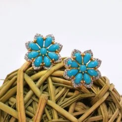 Unknown Turquoise Stud Earrings With Diamond In 14k Gold -Mode Bijouterie Magasin FER11 SE 1188C 4 master