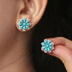 Unknown Turquoise Stud Earrings With Diamond In 14k Gold -Mode Bijouterie Magasin FER11 SE 1188C 5 master