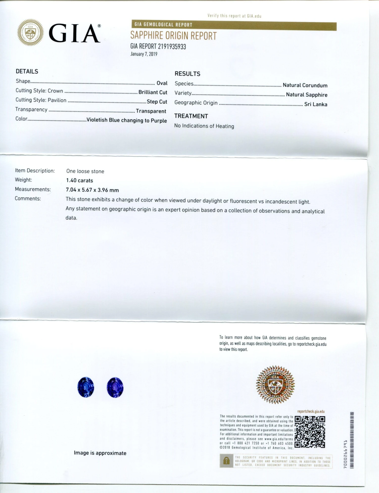 1.40ct Color Change Sapphire Oval Gia Certified Unheated, Sri Lanka, Violetish B 5 1.40ct Color Change Sapphire Oval Gia Certified Unheated, Sri Lanka, Violetish B – Image 3