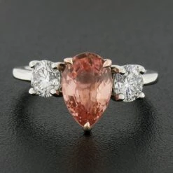 Platinum & 14k Gold GIA No Heat Pear Padparadscha Sapphire Diamond 3 Stone Ring -Mode Bijouterie Magasin IMG 0460 marked master