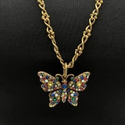 Gucci Aged Gold Metal Butterfly Necklace With Multicolor Crystal -Mode Bijouterie Magasin IMG 0982 master