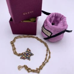 Gucci Aged Gold Metal Butterfly Necklace With Multicolor Crystal -Mode Bijouterie Magasin IMG 0989 master