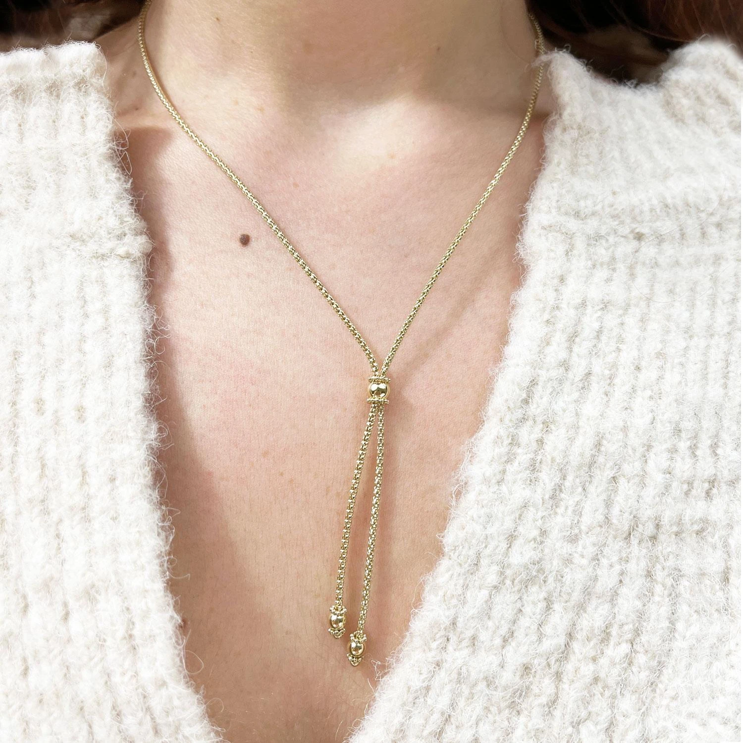 Alberto 14k Yellow Gold Structured Lariat Bead Necklace 5 Alberto 14k Yellow Gold Structured Lariat Bead Necklace – Image 3