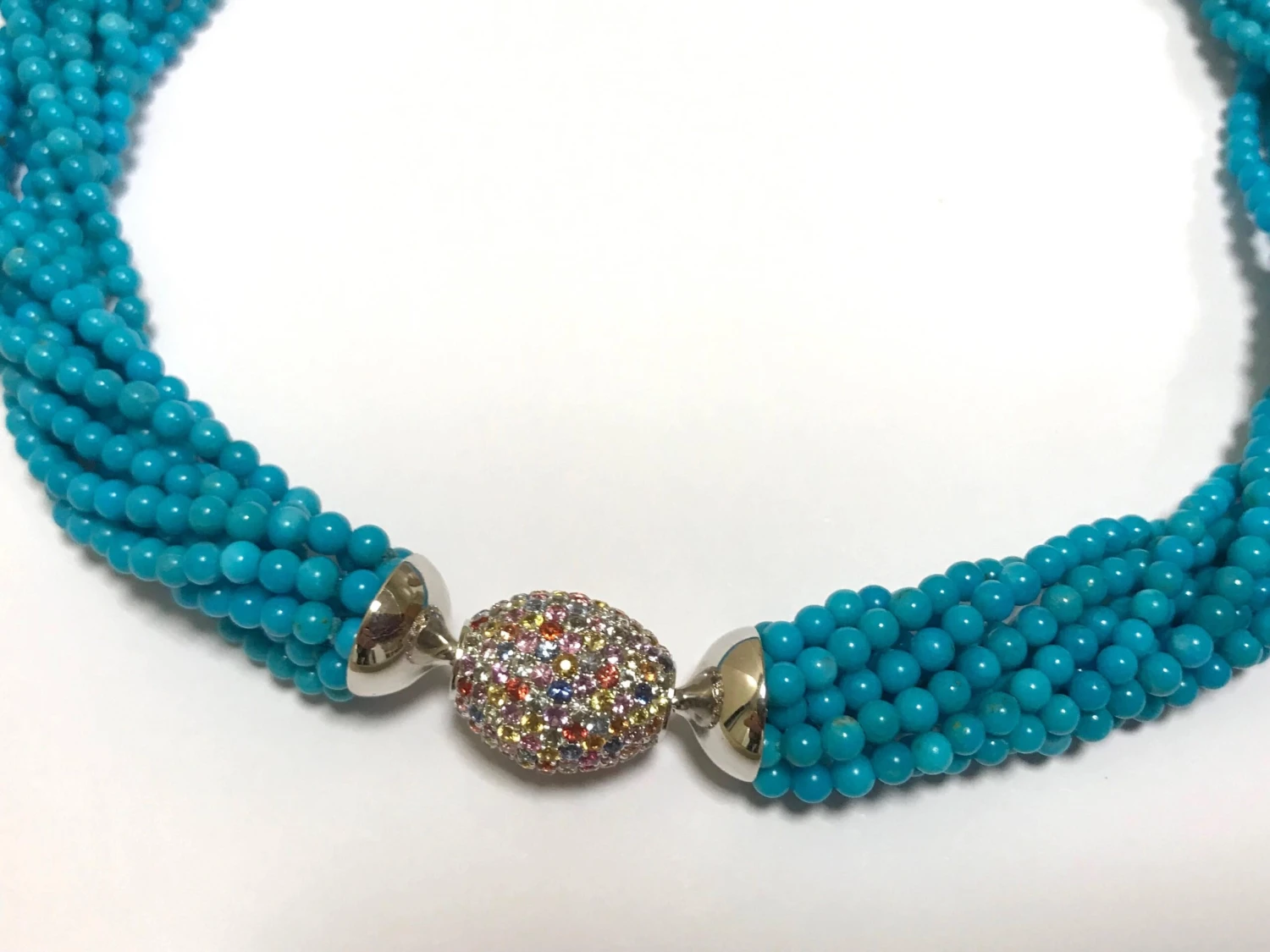 Unknown Necklace Turquoises Fancy Sapphires Clasp Multi-Strand White Gold 18 Karat 4 Unknown Necklace Turquoises Fancy Sapphires Clasp Multi-Strand White Gold 18 Karat – Image 2