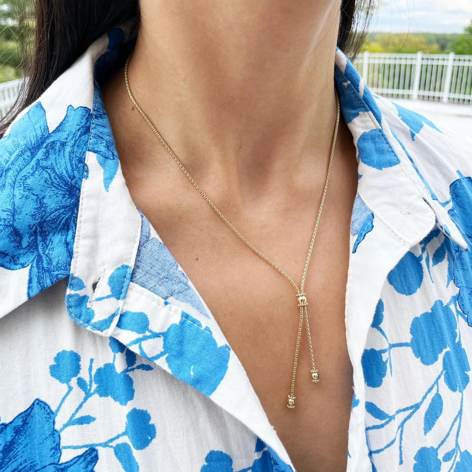 Alberto 14k Yellow Gold Structured Lariat Bead Necklace 4 Alberto 14k Yellow Gold Structured Lariat Bead Necklace – Image 2
