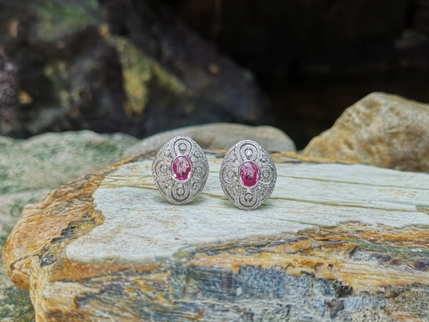 Unknown Pink Sapphire With Diamond Earrings Set In 18 Karat White Gold Settings 5 Unknown Pink Sapphire With Diamond Earrings Set In 18 Karat White Gold Settings – Image 3