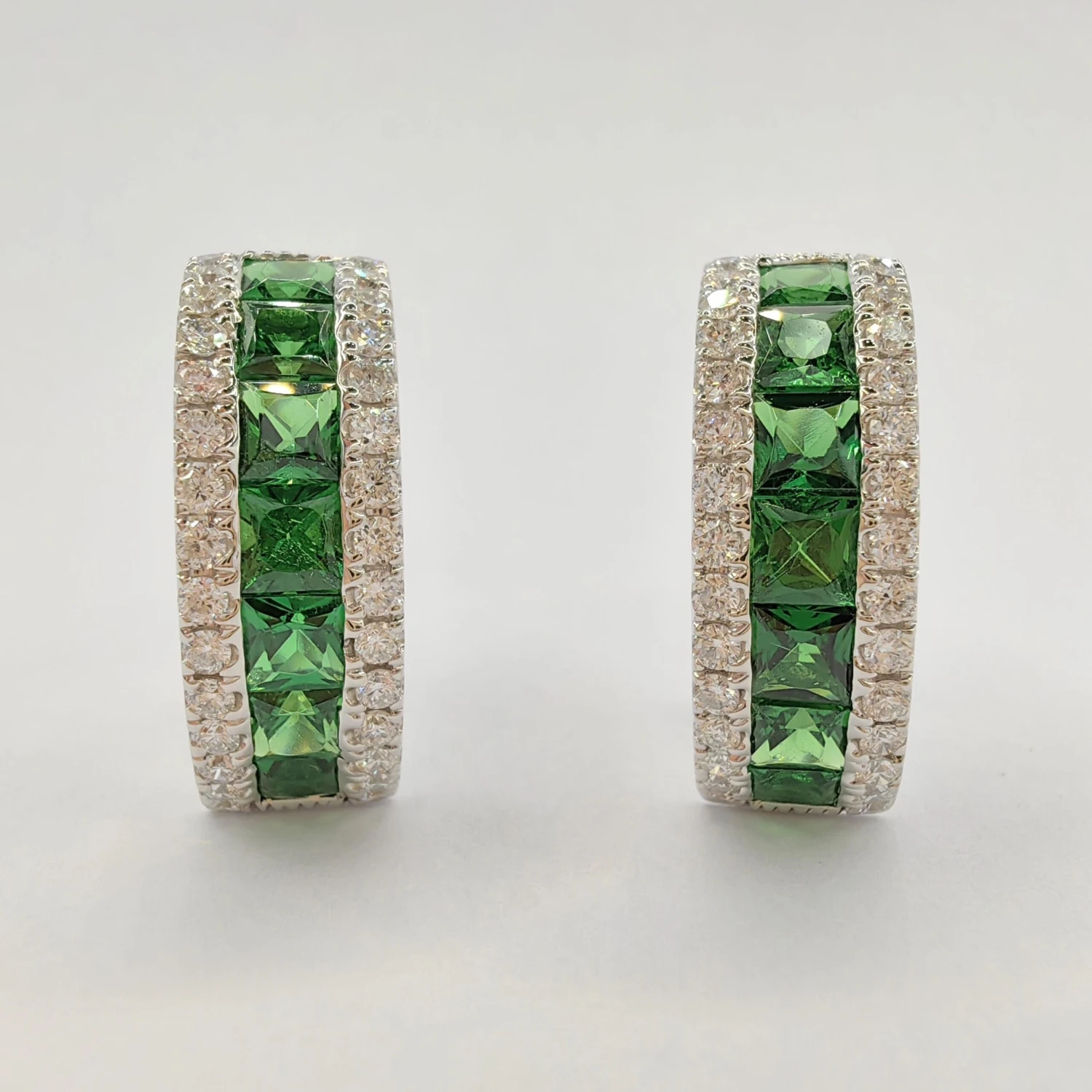 2.6 Carat Deep Green Tsavorite Diamond Huggie Hoop Earrings In 18k White Gold 4 2.6 Carat Deep Green Tsavorite Diamond Huggie Hoop Earrings In 18k White Gold – Image 2