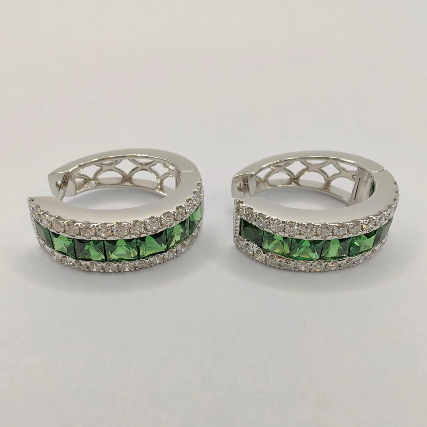 2.6 Carat Deep Green Tsavorite Diamond Huggie Hoop Earrings In 18k White Gold 7 2.6 Carat Deep Green Tsavorite Diamond Huggie Hoop Earrings In 18k White Gold – Image 5