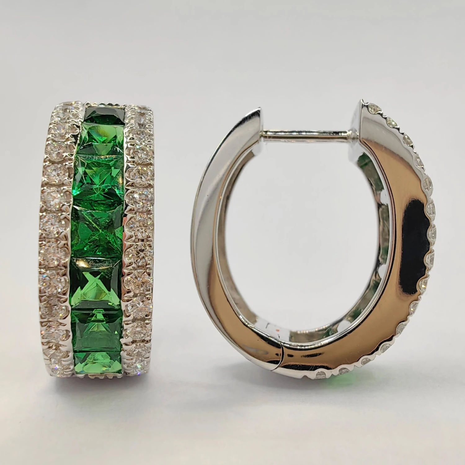 2.6 Carat Deep Green Tsavorite Diamond Huggie Hoop Earrings In 18k White Gold 5 2.6 Carat Deep Green Tsavorite Diamond Huggie Hoop Earrings In 18k White Gold – Image 3