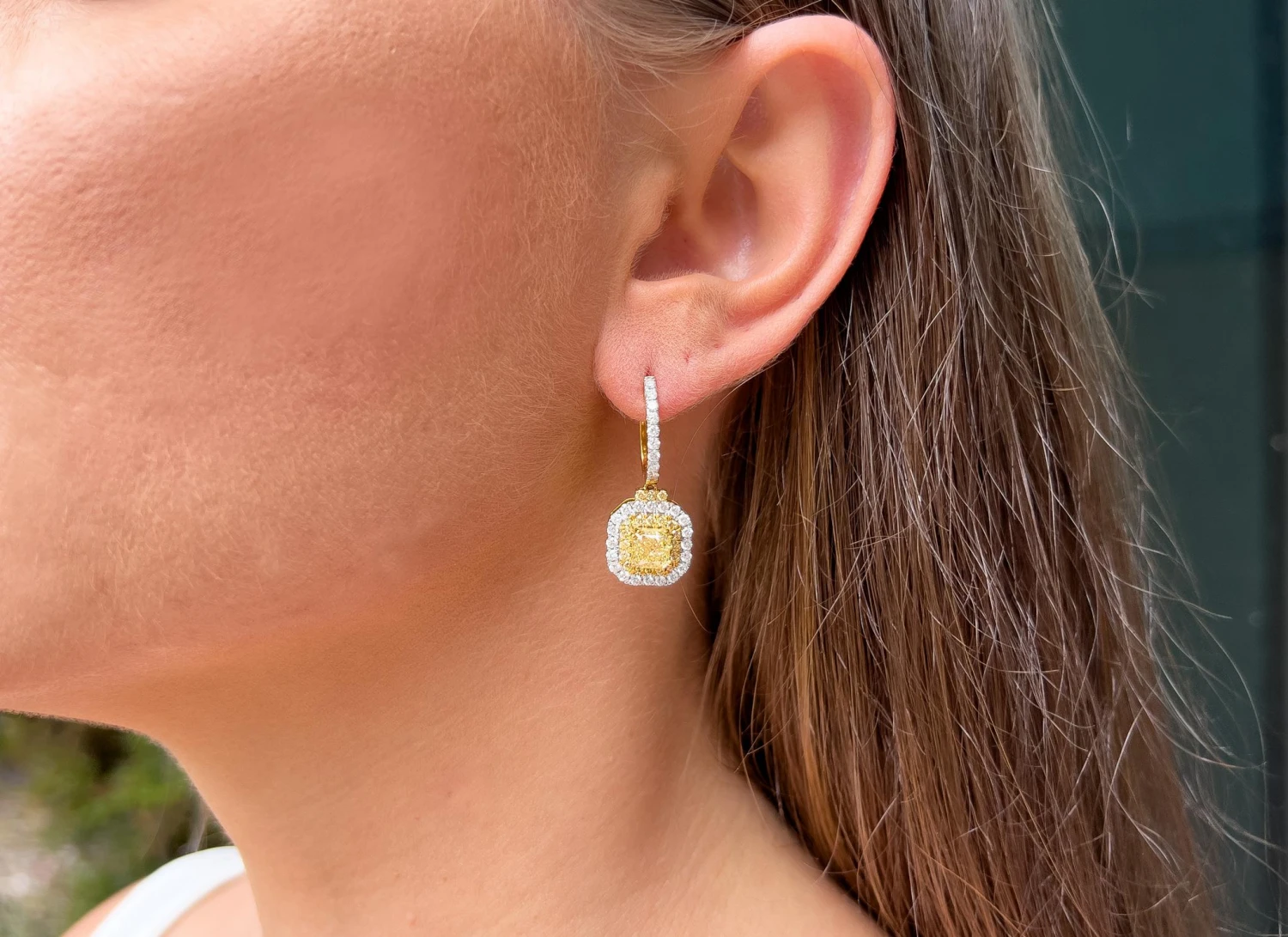 Unknown Canary Diamond Earrings 1.13 Carat Each With Double Halo 18k Gold 5 Unknown Canary Diamond Earrings 1.13 Carat Each With Double Halo 18k Gold – Image 3