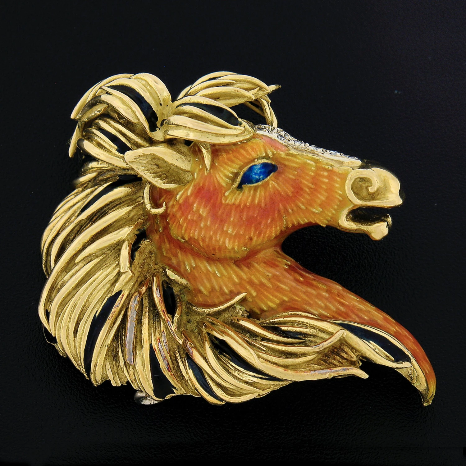 Frascarolo & Co. 18k Gold Detailed Enamel 3D Horse Head Pin Brooch W/ Diamonds 4 Frascarolo & Co. 18k Gold Detailed Enamel 3D Horse Head Pin Brooch W/ Diamonds – Image 2