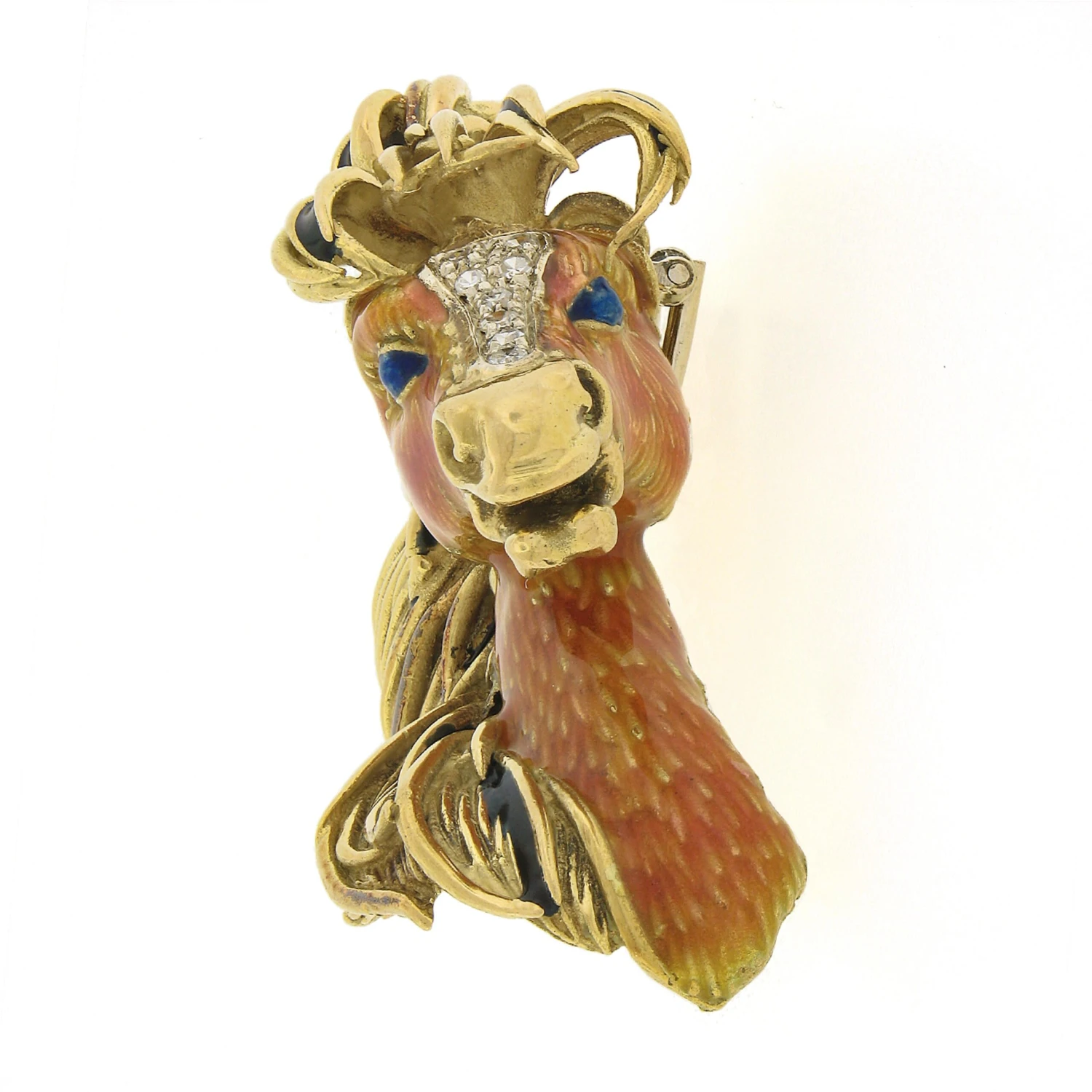 Frascarolo & Co. 18k Gold Detailed Enamel 3D Horse Head Pin Brooch W/ Diamonds 8 Frascarolo & Co. 18k Gold Detailed Enamel 3D Horse Head Pin Brooch W/ Diamonds – Image 6