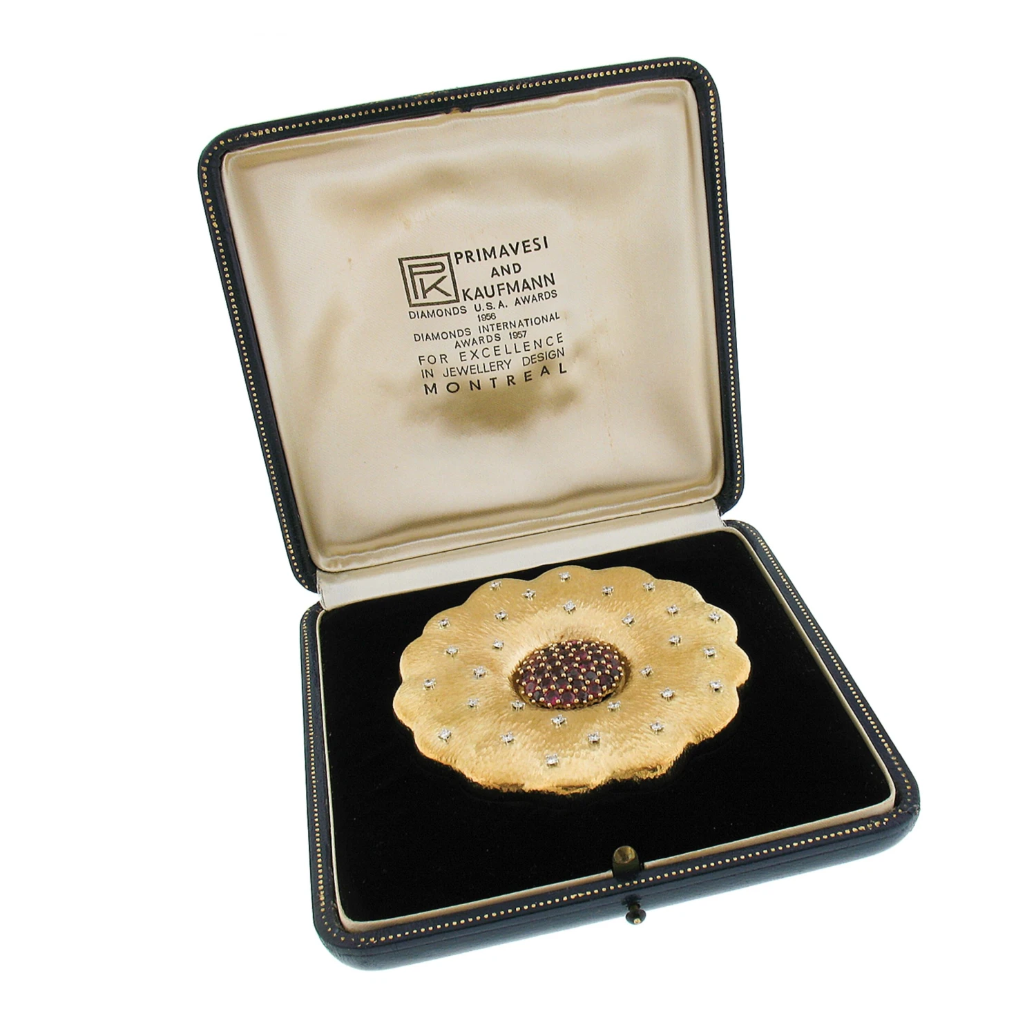 Unknown 18k Gold & Platinum Ruby & Diamond Hammered Textured Large Flower Pendant Brooch 4 Unknown 18k Gold & Platinum Ruby & Diamond Hammered Textured Large Flower Pendant Brooch – Image 2