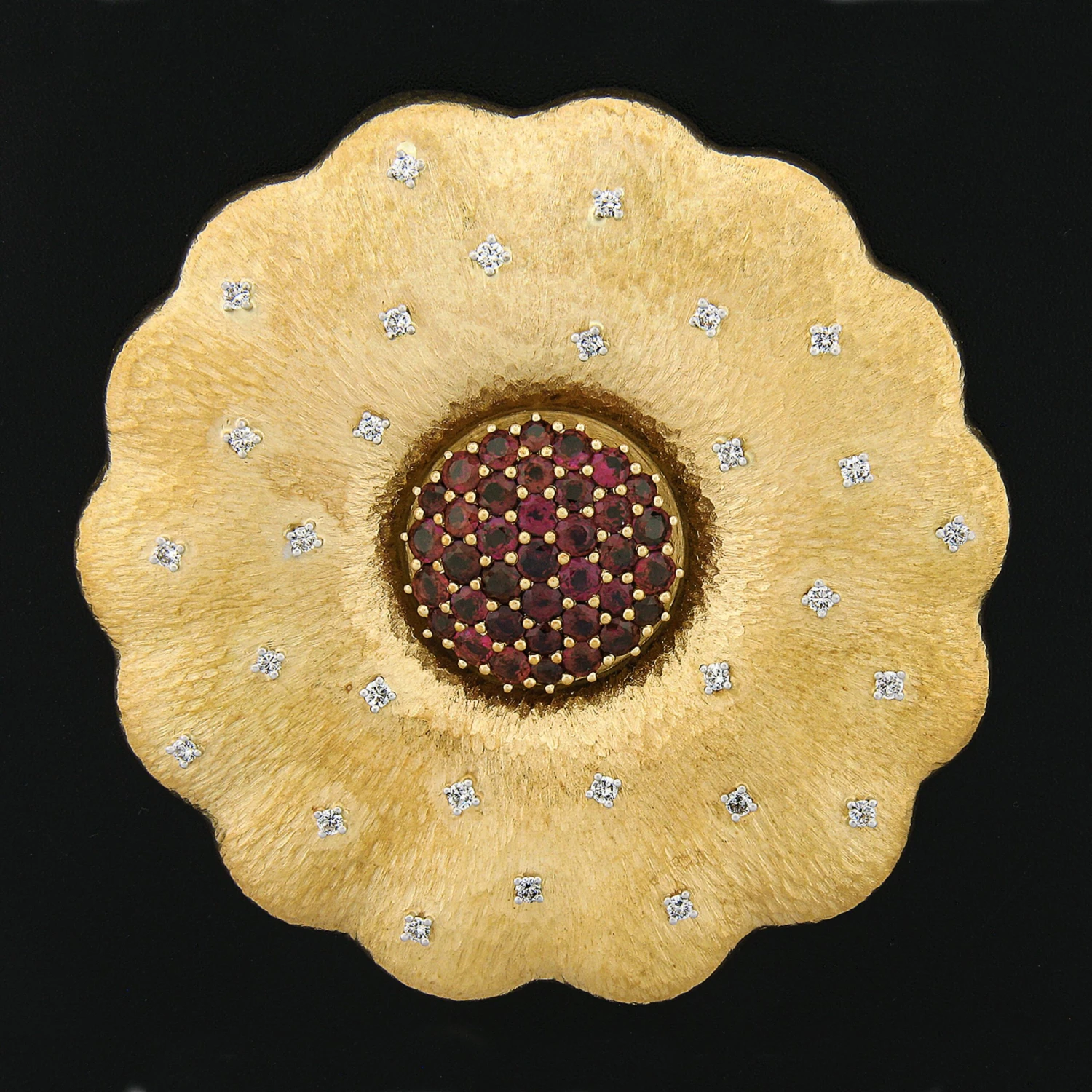 Unknown 18k Gold & Platinum Ruby & Diamond Hammered Textured Large Flower Pendant Brooch 5 Unknown 18k Gold & Platinum Ruby & Diamond Hammered Textured Large Flower Pendant Brooch – Image 3