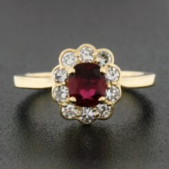 18k Gold 1.51ctw GIA No Heat Cushion Vivid Red Ruby & Diamond Flower Halo Ring -Mode Bijouterie Magasin IMG 3454 marked master