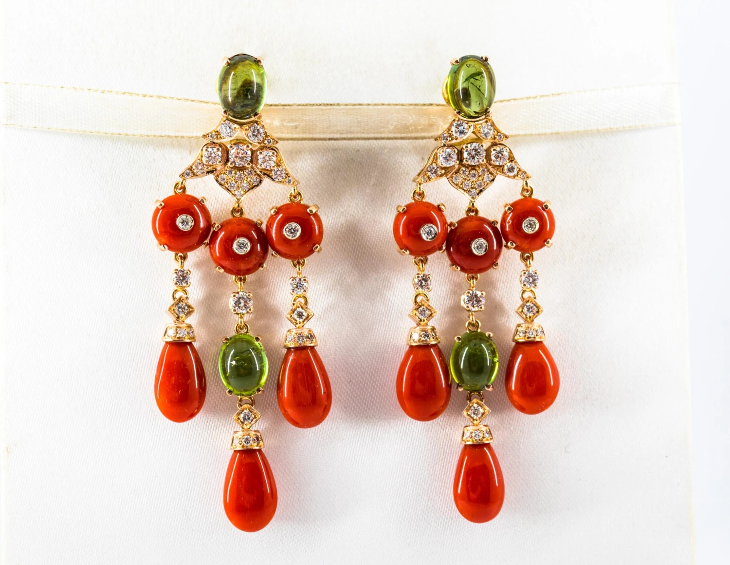 Mediterranean Red Coral White Diamond Green Tourmaline Yellow Gold Drop Earrings 4 Mediterranean Red Coral White Diamond Green Tourmaline Yellow Gold Drop Earrings – Image 2