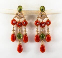 Mediterranean Red Coral White Diamond Green Tourmaline Yellow Gold Drop Earrings 19 Mediterranean Red Coral White Diamond Green Tourmaline Yellow Gold Drop Earrings -Mode Bijouterie Magasin IMG 3575 master