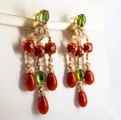 Mediterranean Red Coral White Diamond Green Tourmaline Yellow Gold Drop Earrings 21 Mediterranean Red Coral White Diamond Green Tourmaline Yellow Gold Drop Earrings -Mode Bijouterie Magasin IMG 3582 master