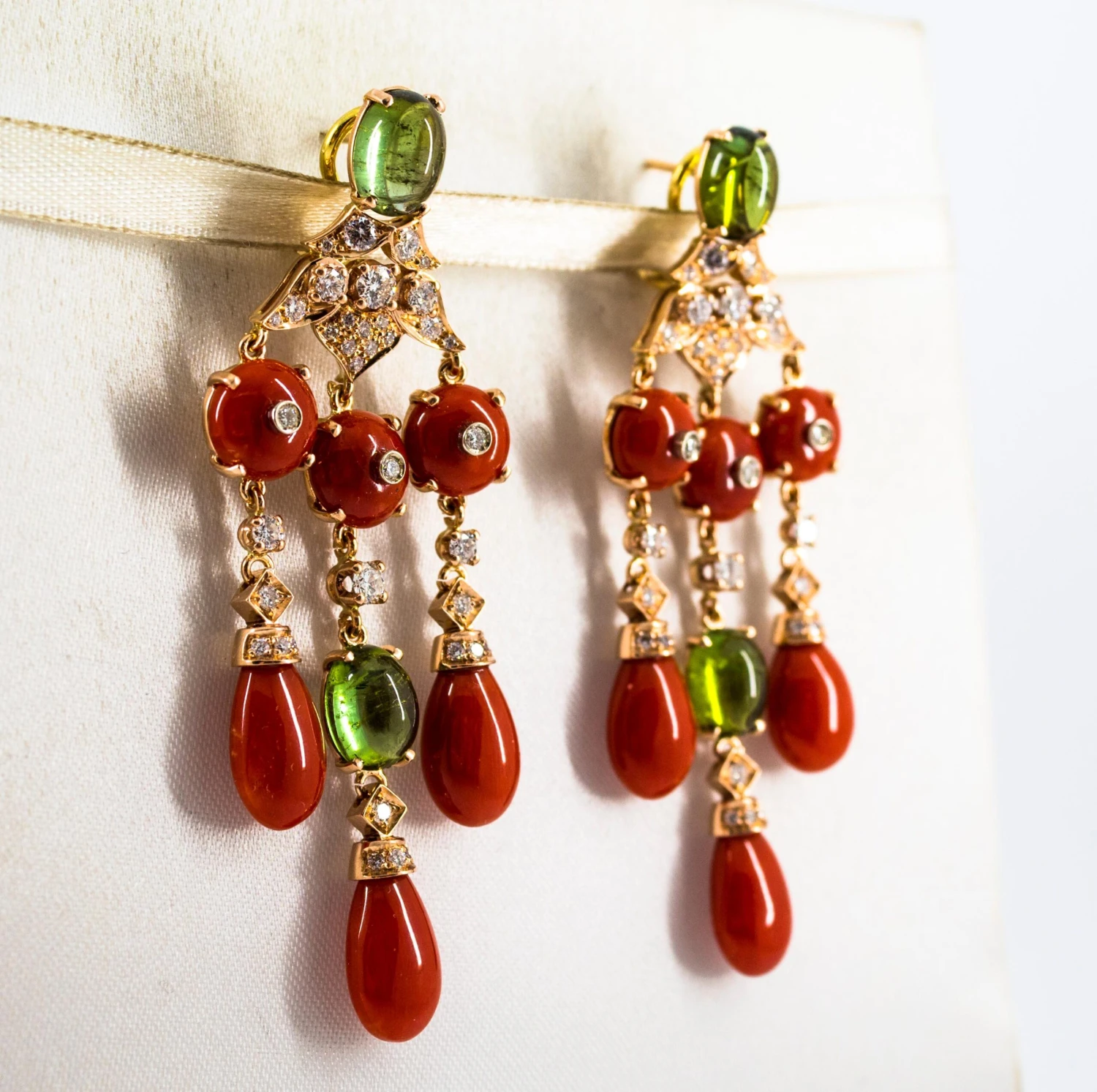 Mediterranean Red Coral White Diamond Green Tourmaline Yellow Gold Drop Earrings 7 Mediterranean Red Coral White Diamond Green Tourmaline Yellow Gold Drop Earrings – Image 5