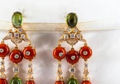 Mediterranean Red Coral White Diamond Green Tourmaline Yellow Gold Drop Earrings 23 Mediterranean Red Coral White Diamond Green Tourmaline Yellow Gold Drop Earrings -Mode Bijouterie Magasin IMG 3587 master