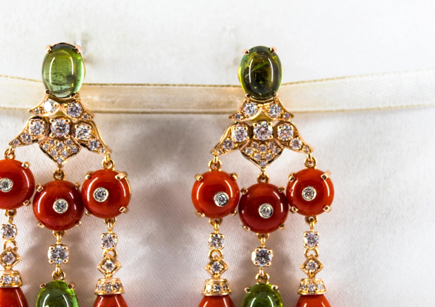 Mediterranean Red Coral White Diamond Green Tourmaline Yellow Gold Drop Earrings 9 Mediterranean Red Coral White Diamond Green Tourmaline Yellow Gold Drop Earrings – Image 7