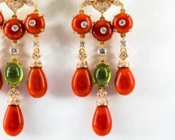 Mediterranean Red Coral White Diamond Green Tourmaline Yellow Gold Drop Earrings 24 Mediterranean Red Coral White Diamond Green Tourmaline Yellow Gold Drop Earrings -Mode Bijouterie Magasin IMG 3588 master