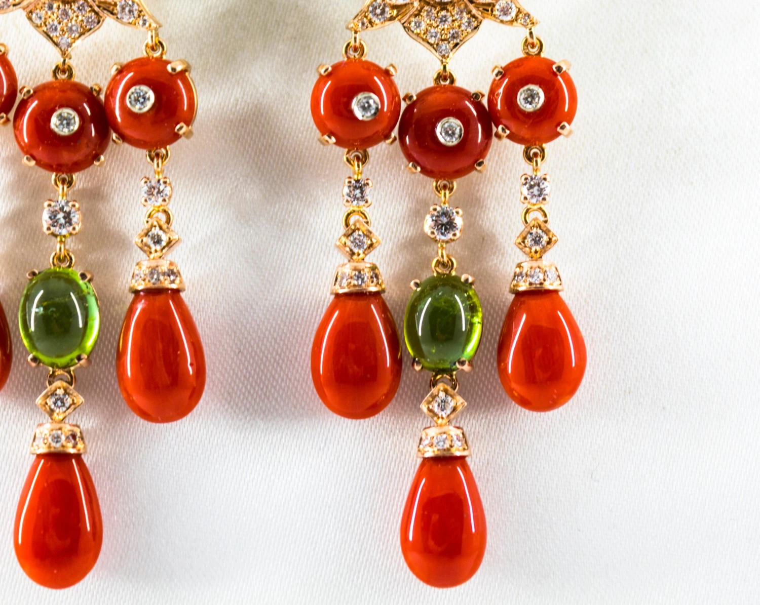 Mediterranean Red Coral White Diamond Green Tourmaline Yellow Gold Drop Earrings 10 Mediterranean Red Coral White Diamond Green Tourmaline Yellow Gold Drop Earrings – Image 8